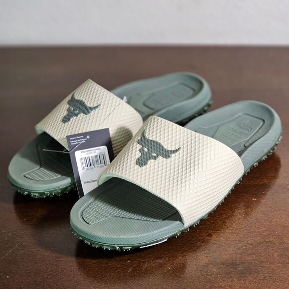 Under Armour UA Project Rock Slides 2.0 Military Green Grey Michelin Gripper 9.5 - Picture 15 of 16